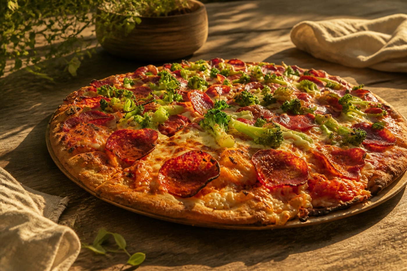 Große Pizza mit Broccoli