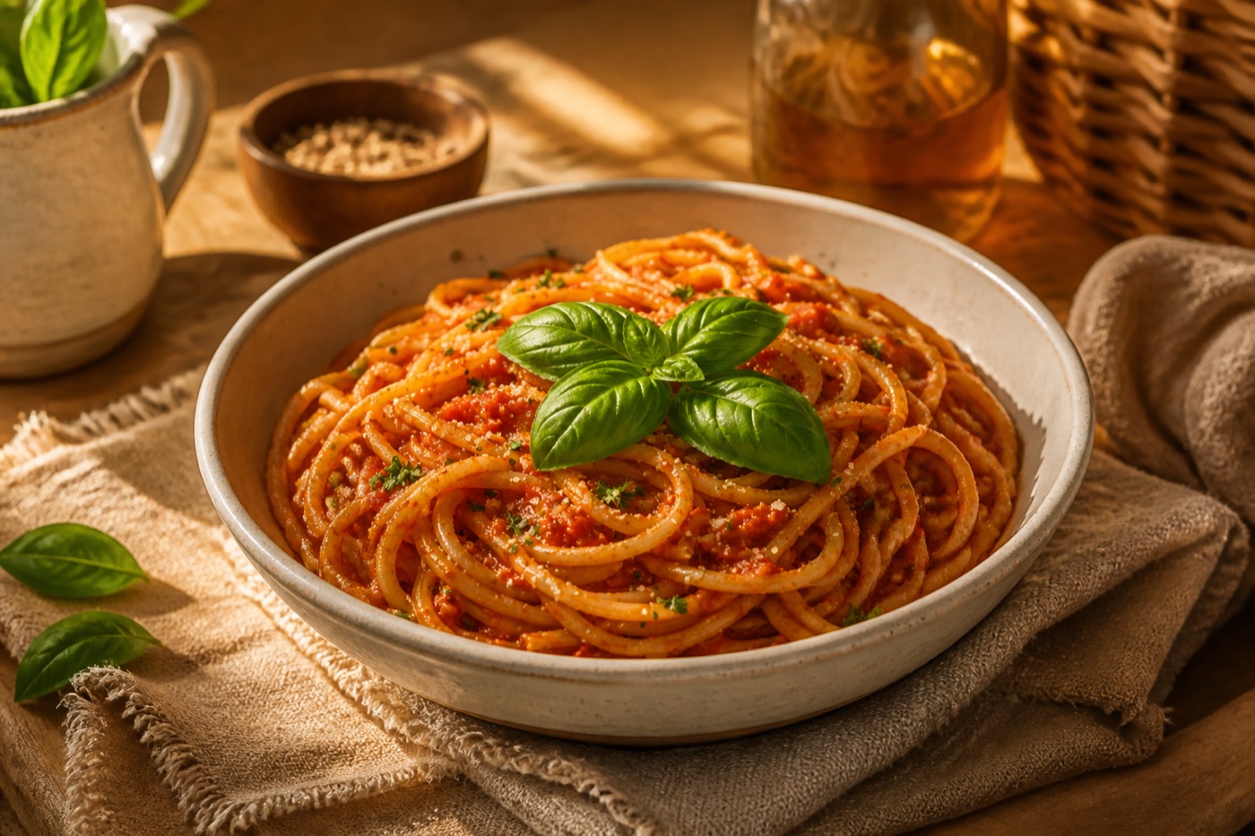 Spaghetti Bolognese mit frischem Basilikum