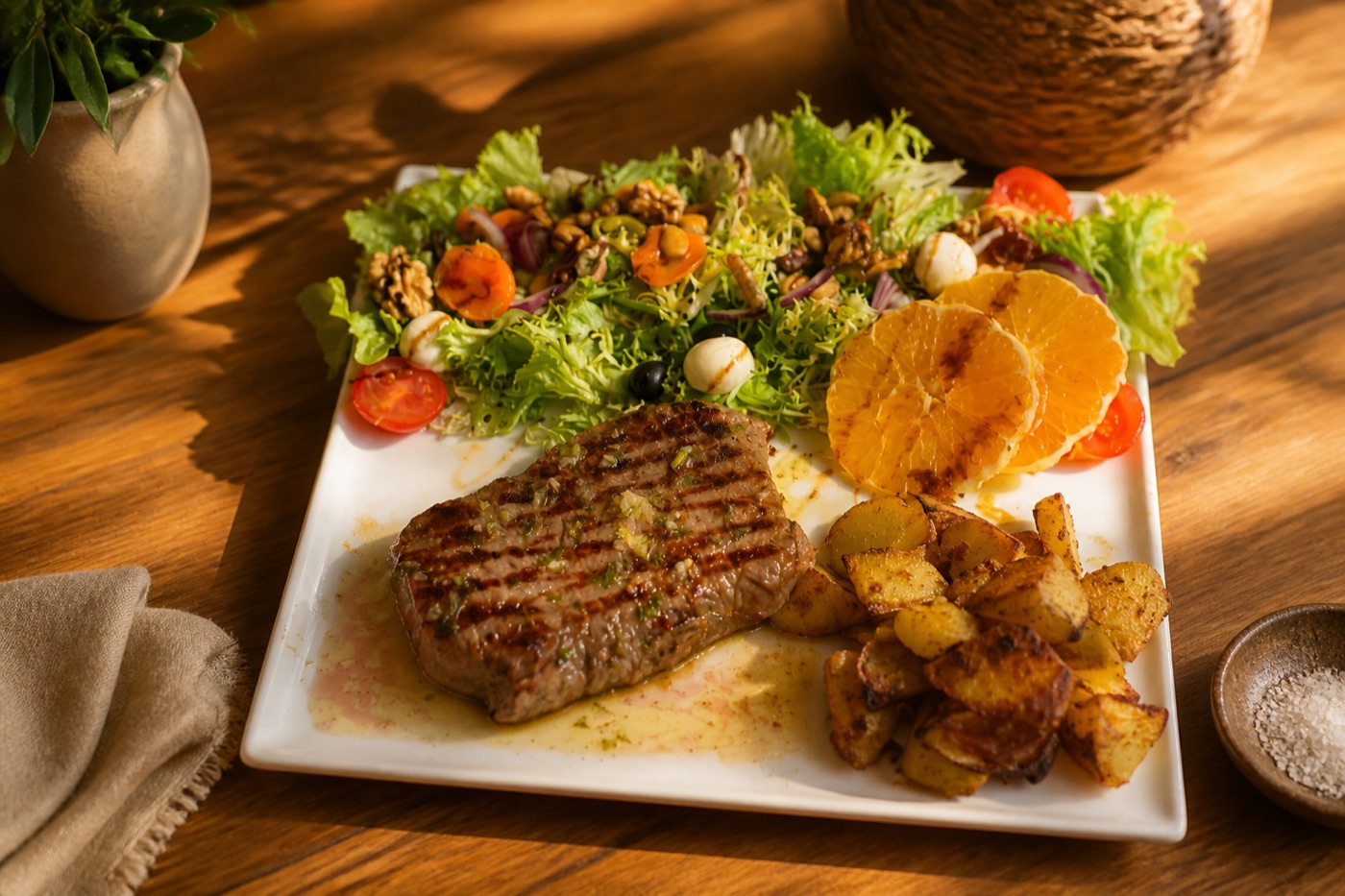 Tagesgericht mit Steak, Bratkartoffeln und Salat